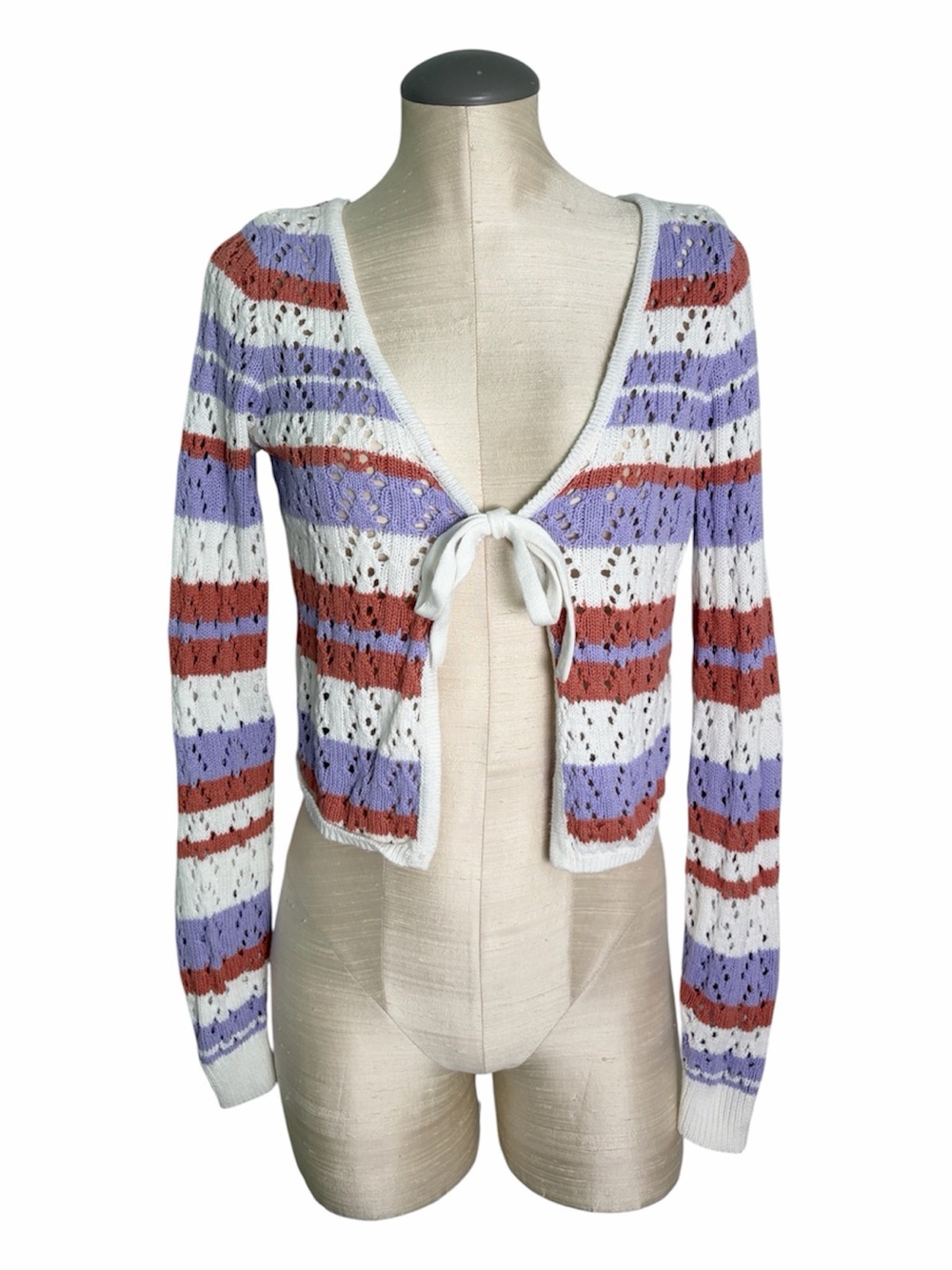 Hollister Lavender Rust and White Striped Tie-Front Crochet Cardigan Size Medium